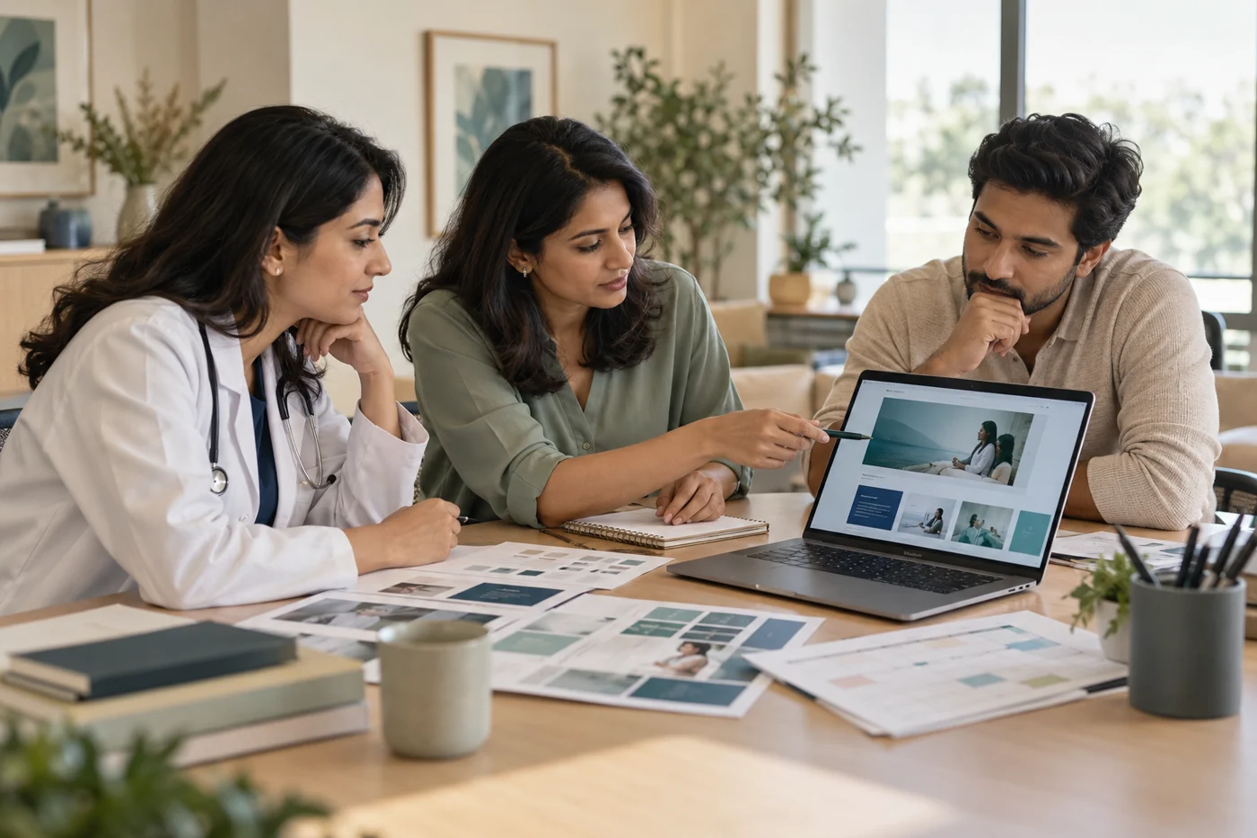 Illustrative healthcare professional and creative strategists reviewing website and content plans