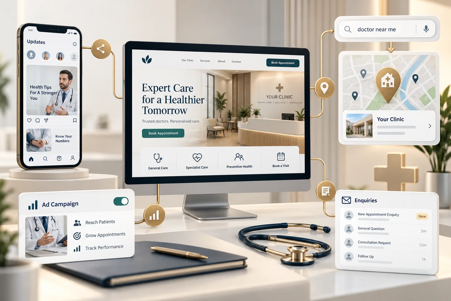 Illustrative doctor website, social content, local search and enquiry channels