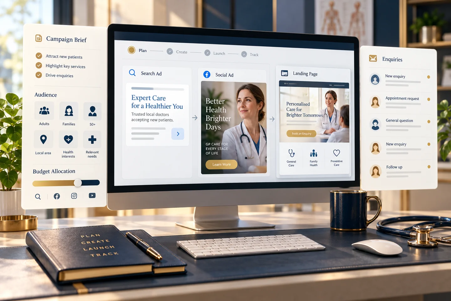 Illustrative search and social advertising, landing page and campaign planning