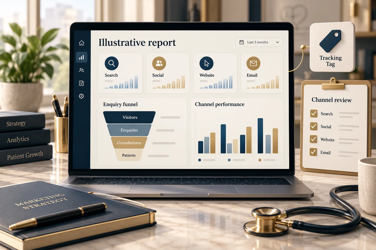 Illustrative marketing reporting dashboard and measurement review