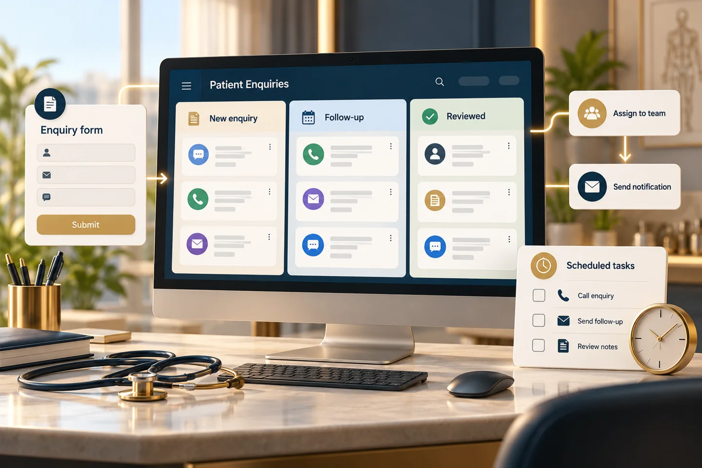 Illustrative CRM enquiry board, assignment and follow-up automation
