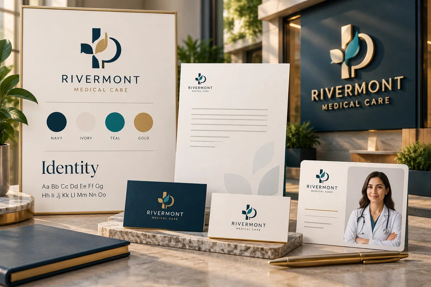 Illustrative doctor brand identity board, logo, colours and practice stationery