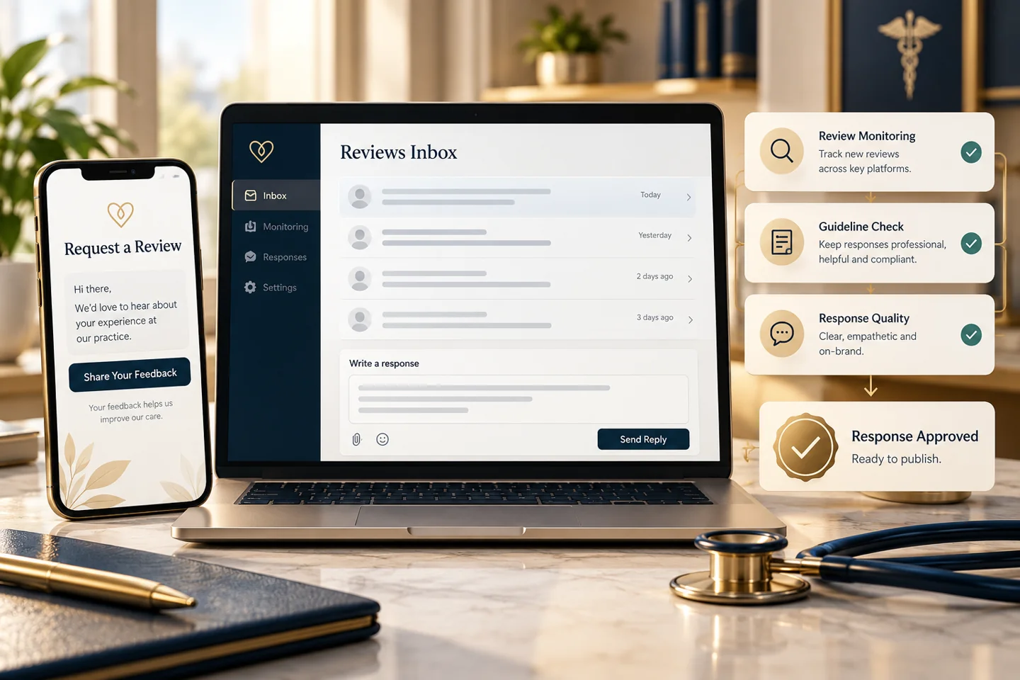 Illustrative review monitoring, request template and response approval