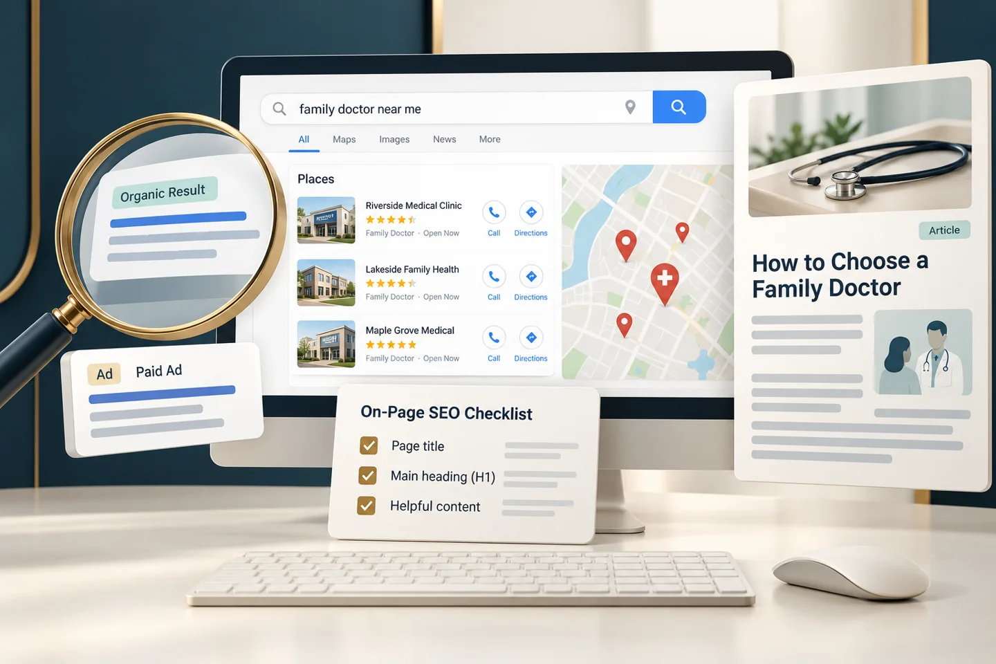 Illustrative doctor search results, local map listings and on-page SEO checklist