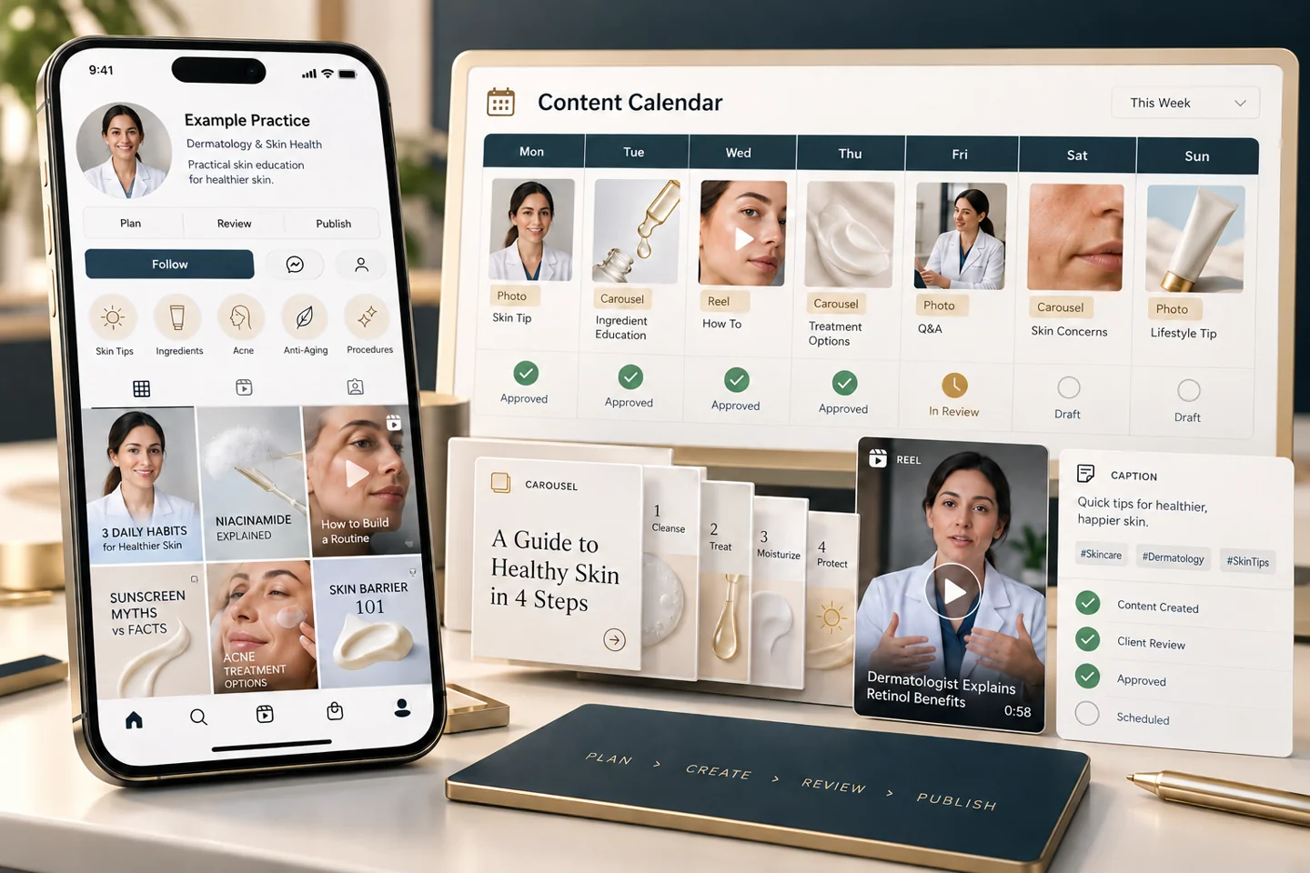 Illustrative doctor education posts, reels, content calendar and approval workflow