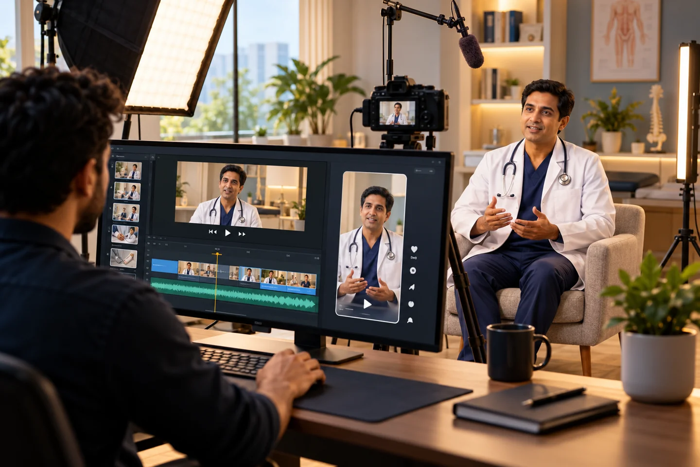 Illustrative doctor interview filming and video editing timeline