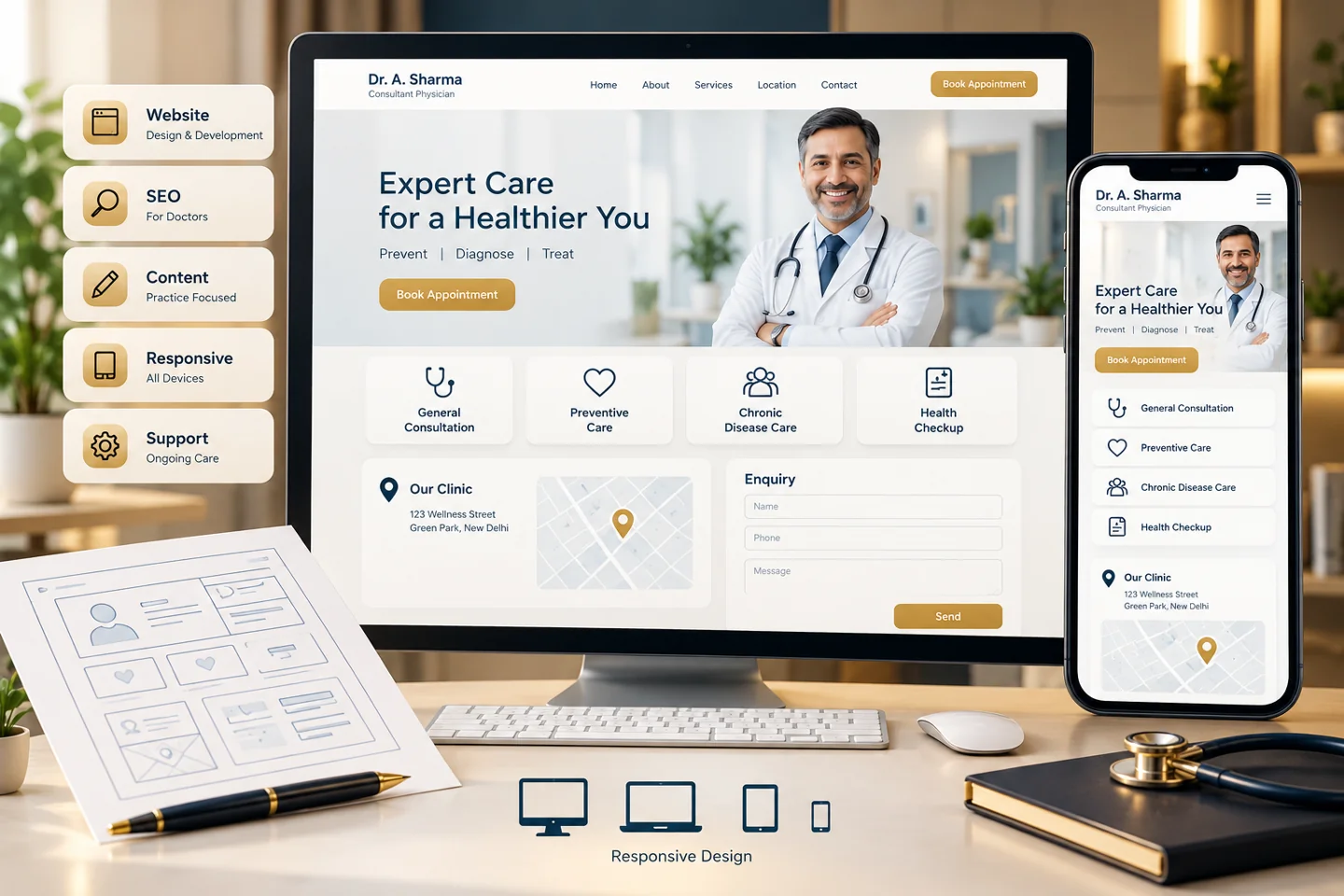Illustrative desktop and mobile practice website, service pages and enquiry form