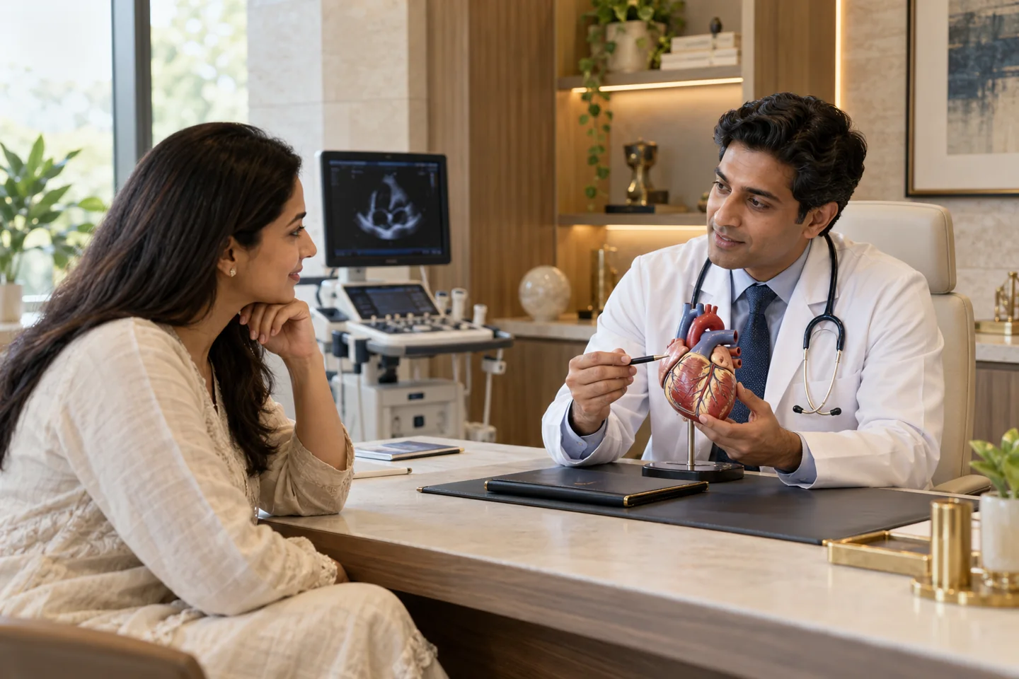 Illustrative cardiology & heart care setting with fictional people