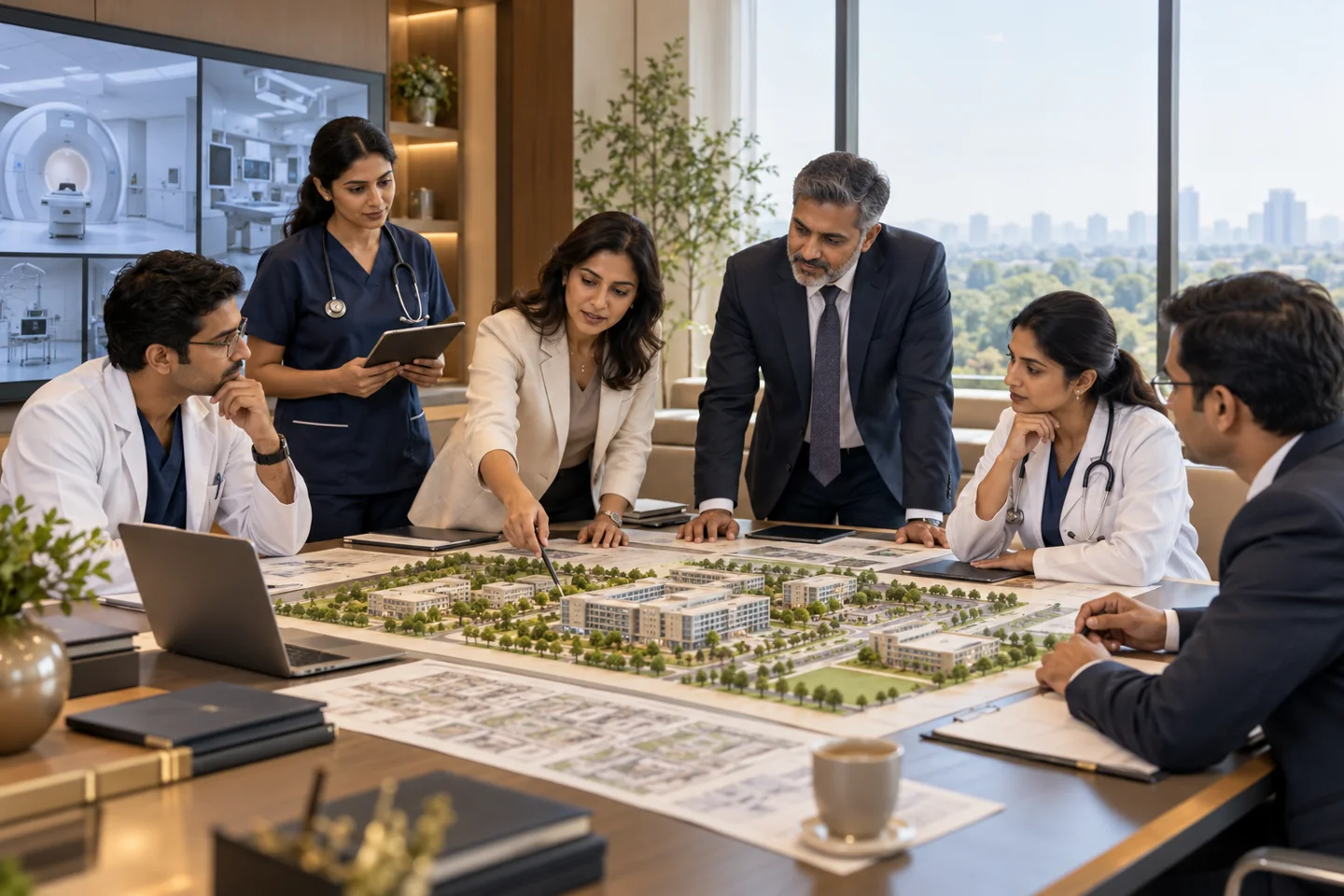 Illustrative clinic groups & healthcare networks setting with fictional people