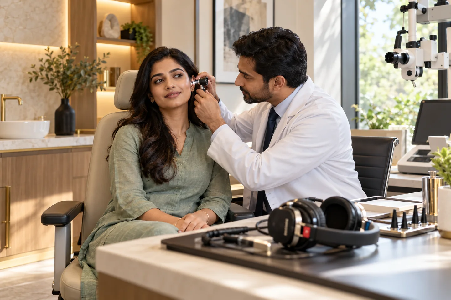 Illustrative ent & hearing care setting with fictional people