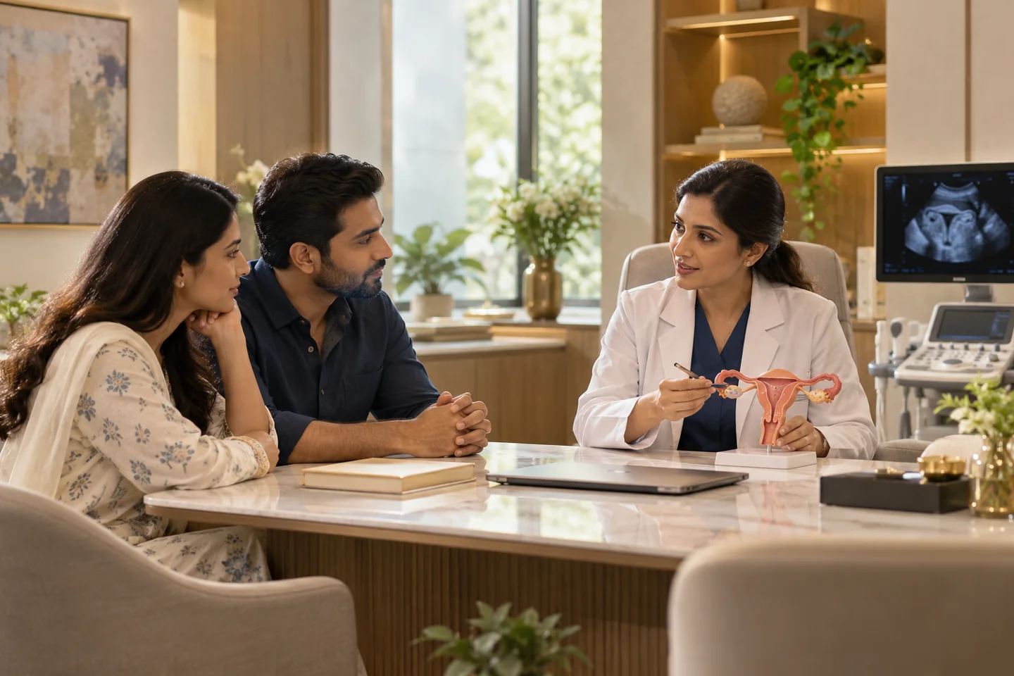 Illustrative fertility & reproductive medicine setting with fictional people
