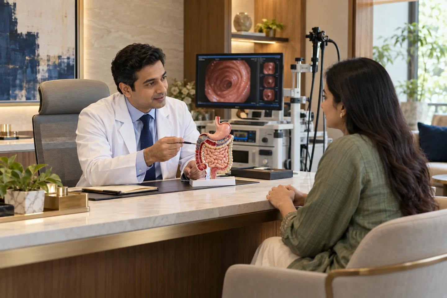 Illustrative gastroenterology & digestive health setting with fictional people