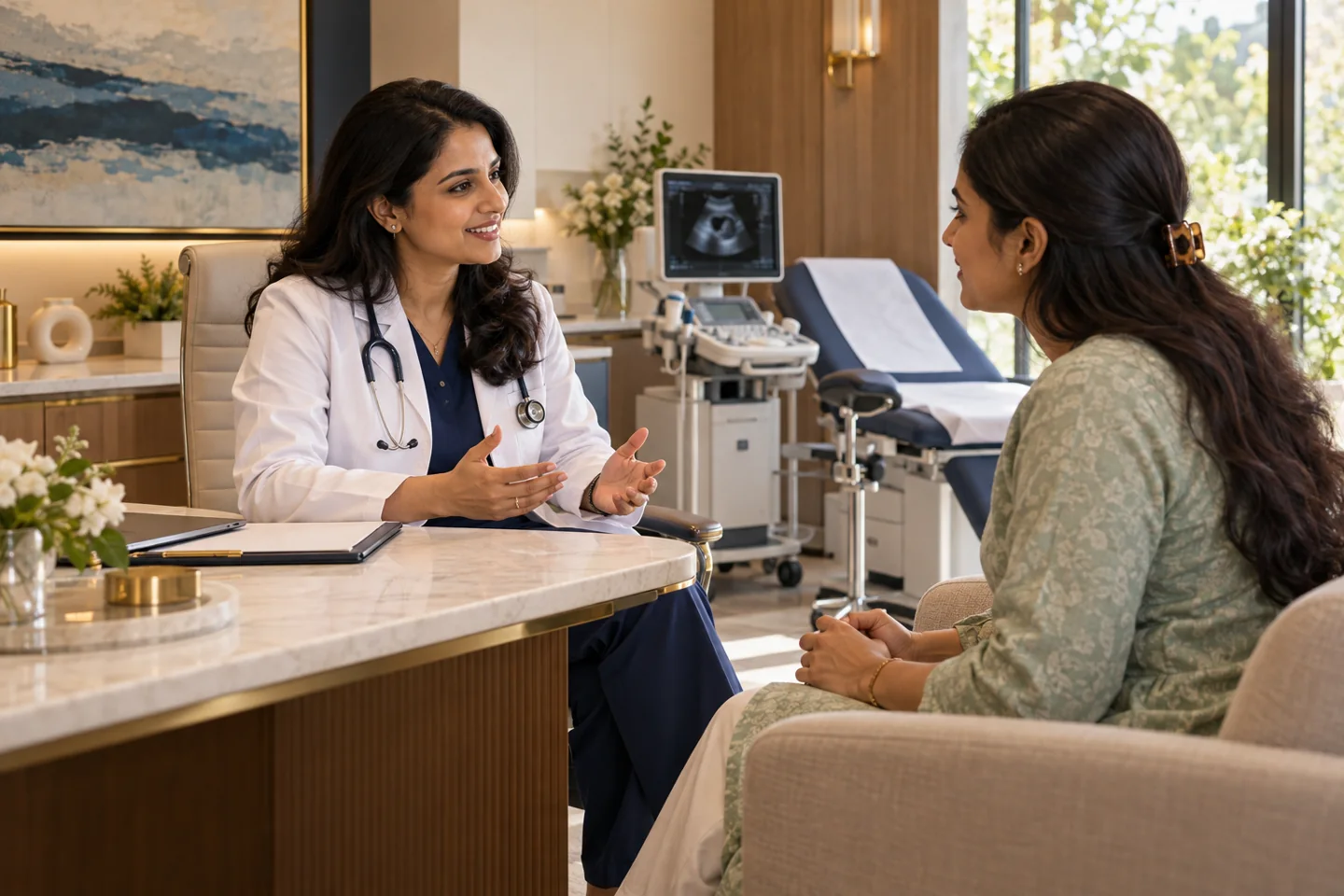 Illustrative obstetrics, gynaecology & women’s health setting with fictional people