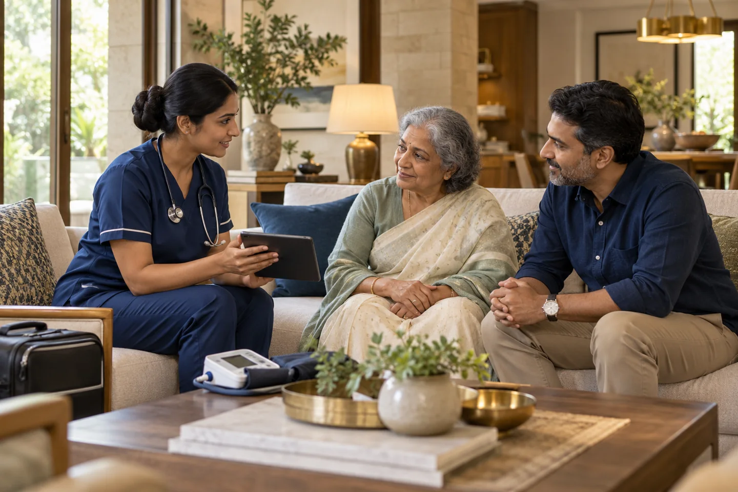 Illustrative home healthcare providers setting with fictional people