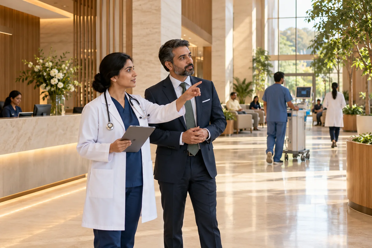 Illustrative hospitals & day-care centres setting with fictional people