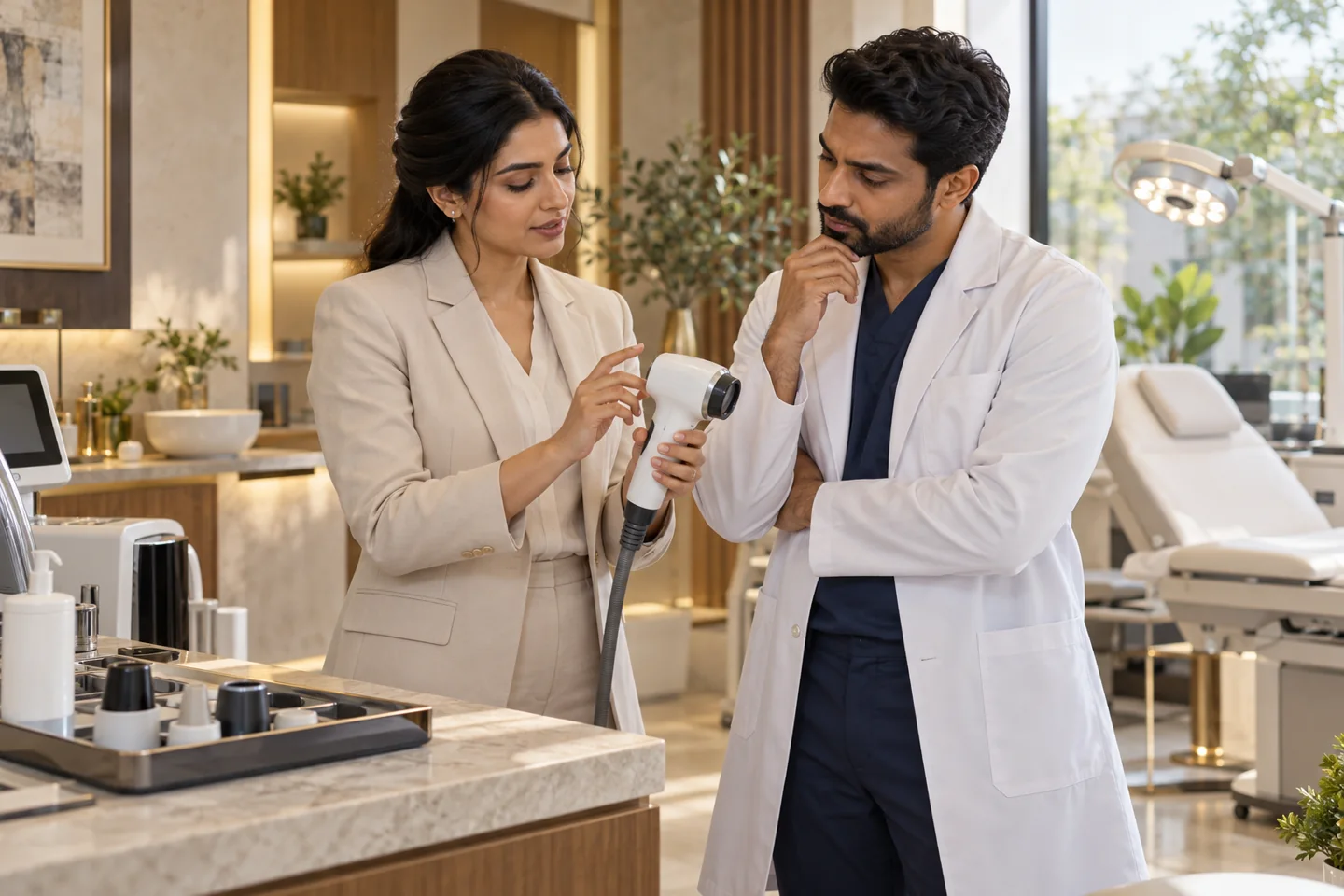 Illustrative medical device & healthcare product businesses setting with fictional people