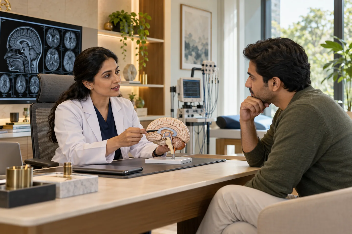 Illustrative neurology & neurosurgery setting with fictional people