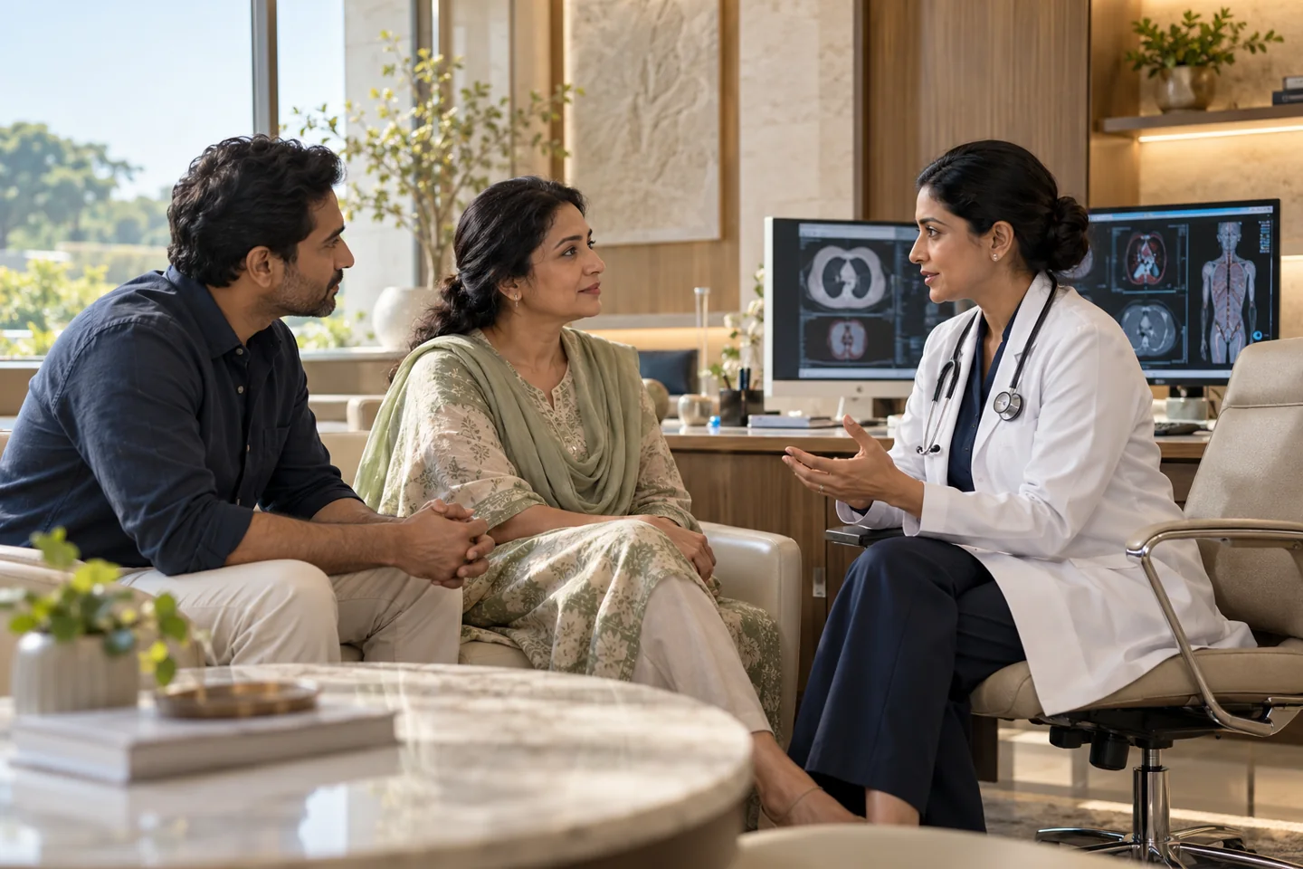 Illustrative oncology & cancer care setting with fictional people