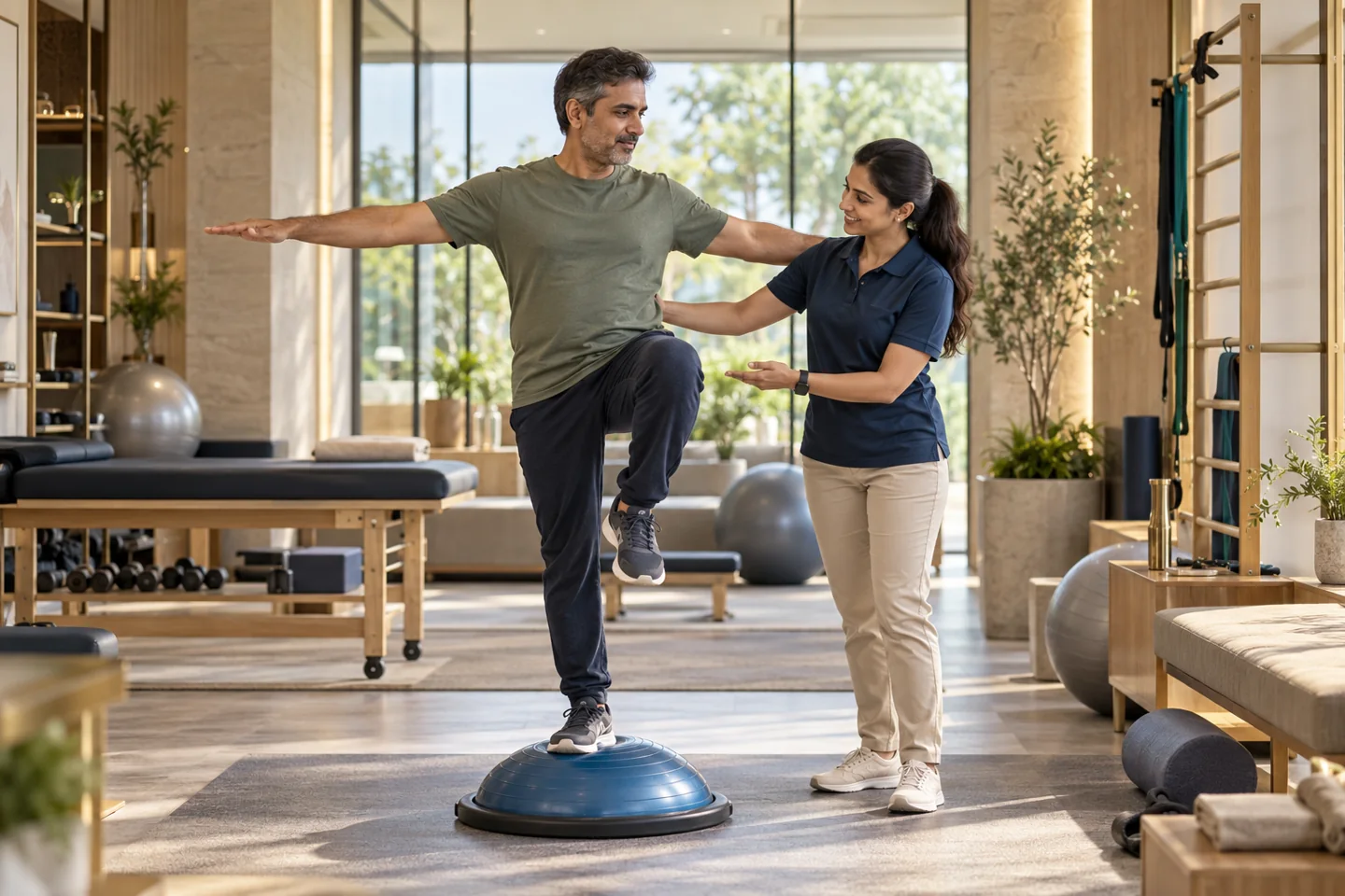 Illustrative physiotherapy & rehabilitation setting with fictional people