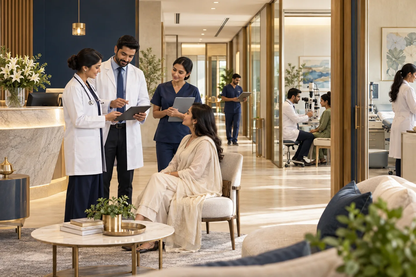 Illustrative polyclinics & multispecialty centres setting with fictional people