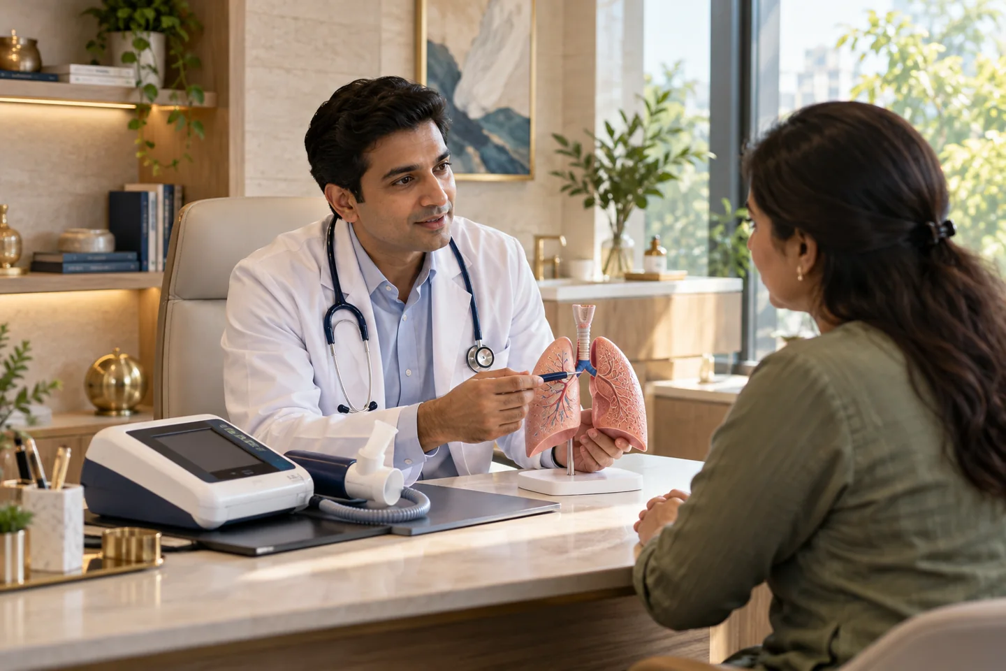 Illustrative pulmonology & respiratory care setting with fictional people