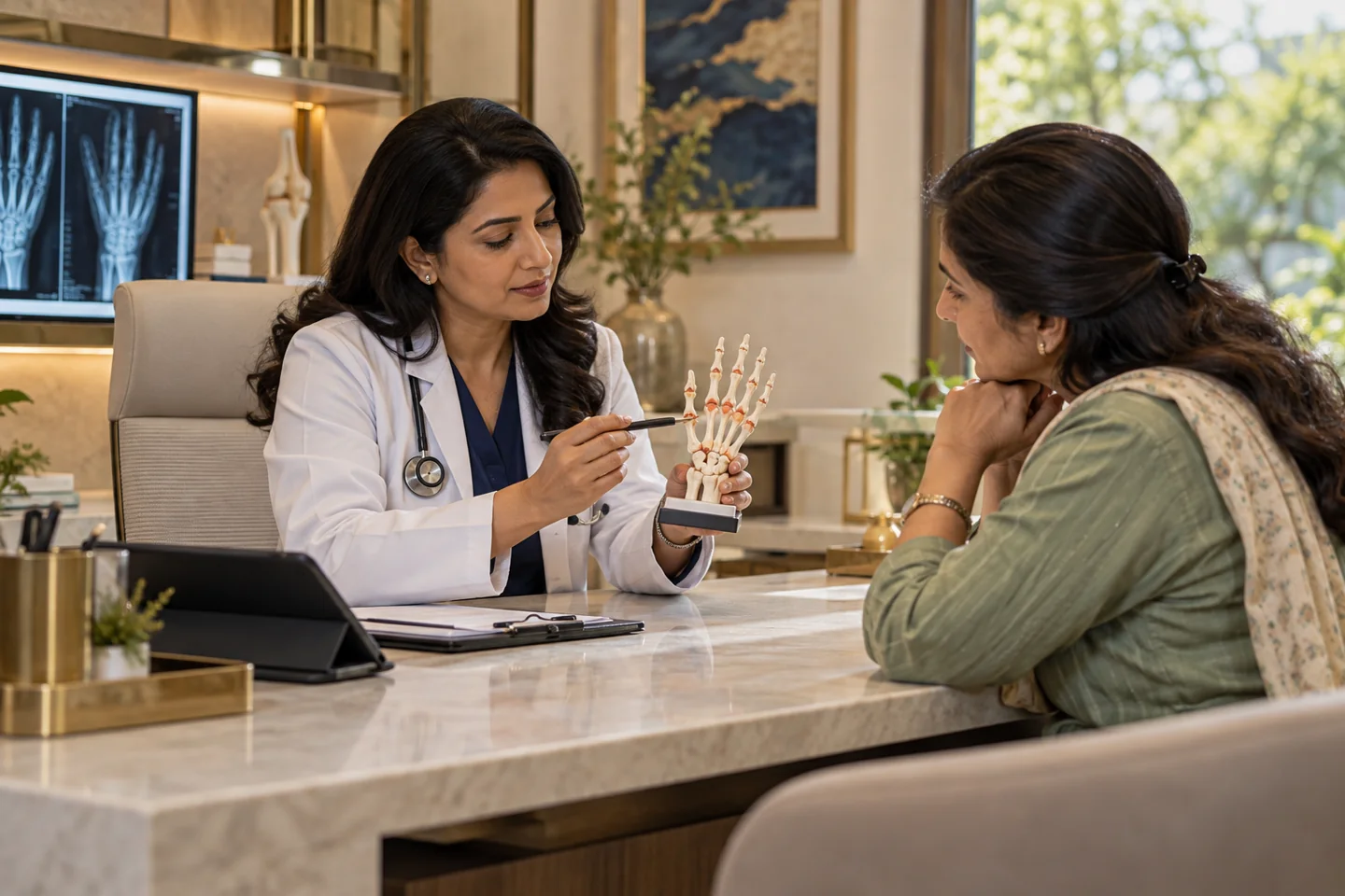 Illustrative rheumatology & pain medicine setting with fictional people