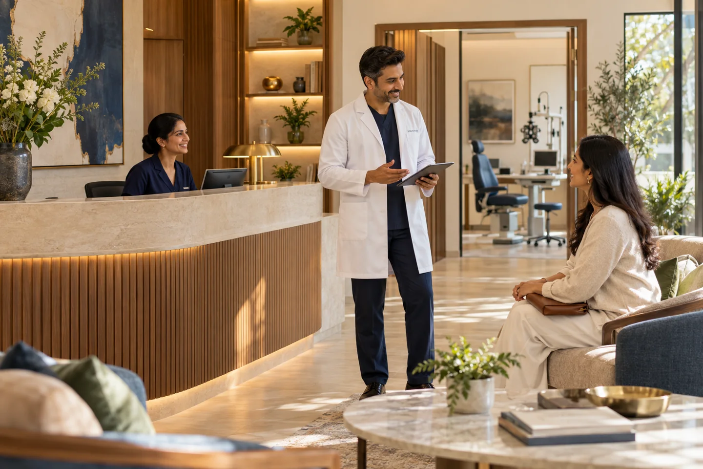 Illustrative single-specialty clinics setting with fictional people