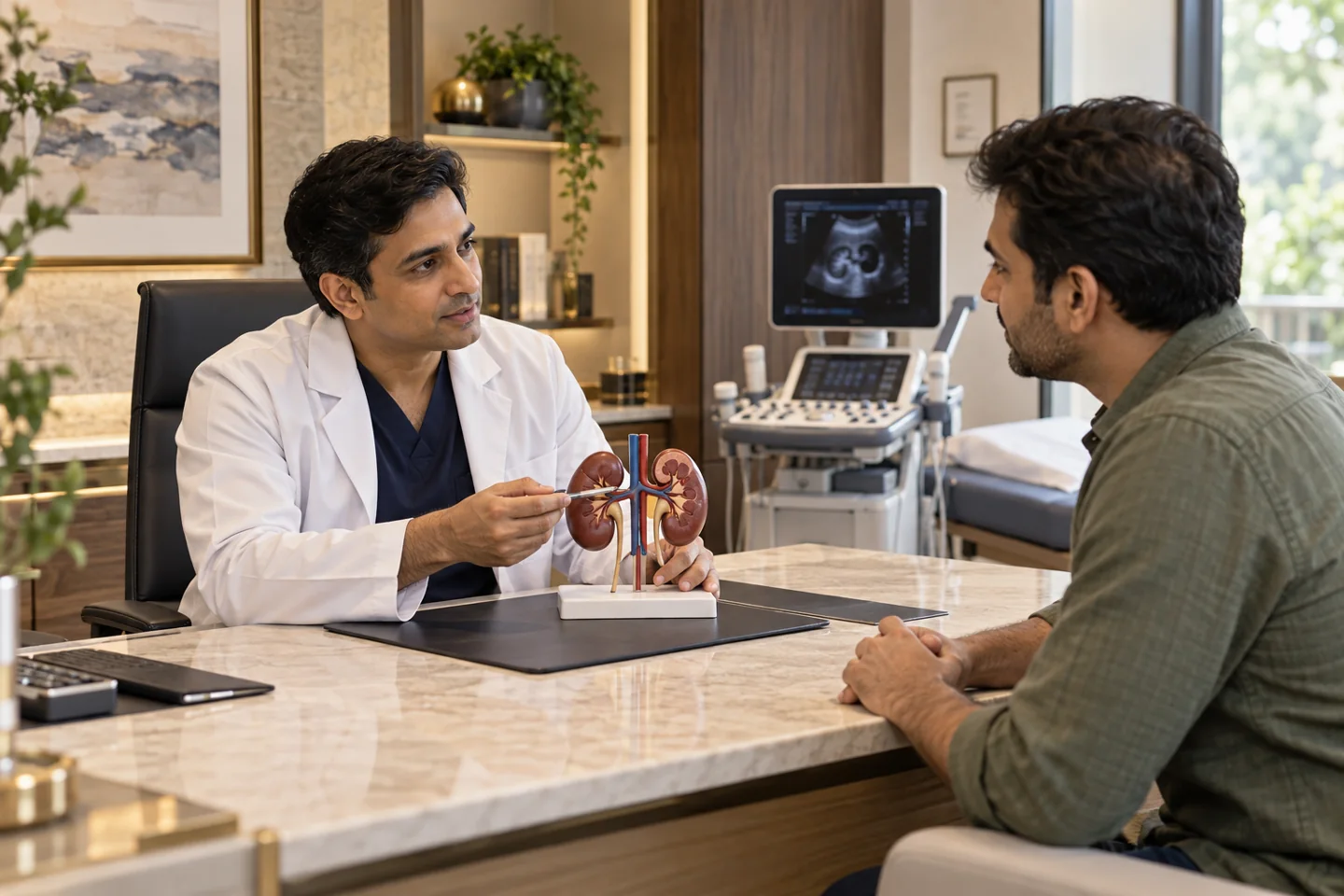 Illustrative urology & kidney care setting with fictional people