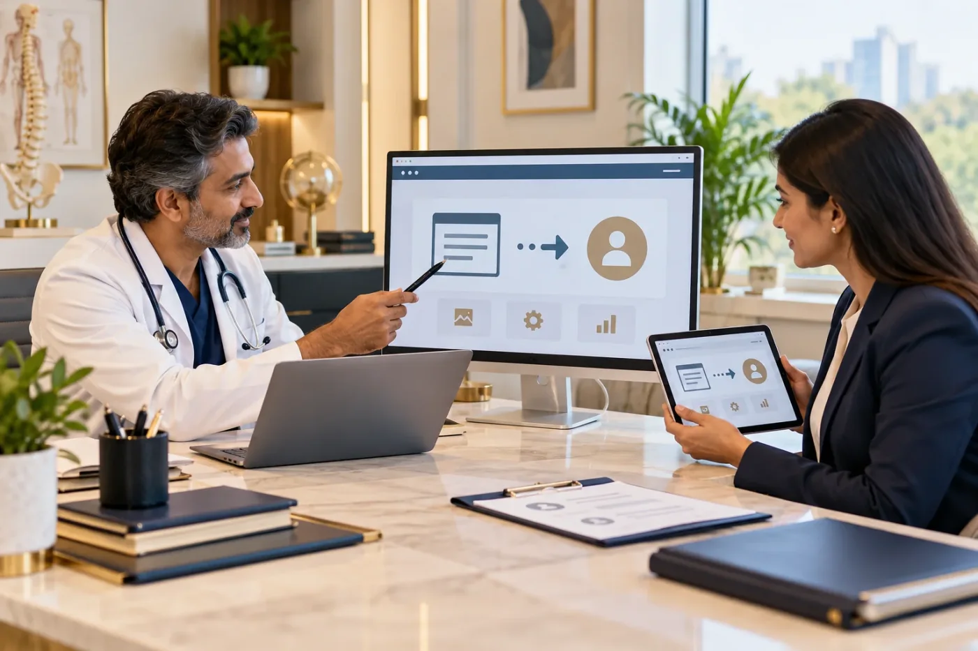 Professionals reviewing an illustrative digital account handover.