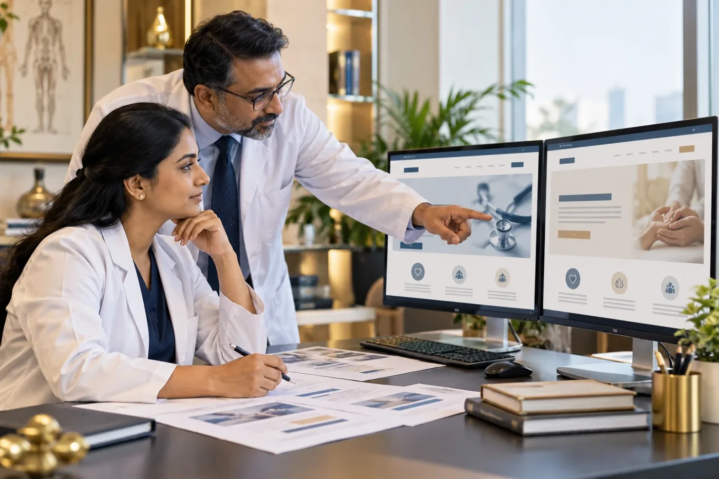 Editors reviewing two parallel clinic website layouts.