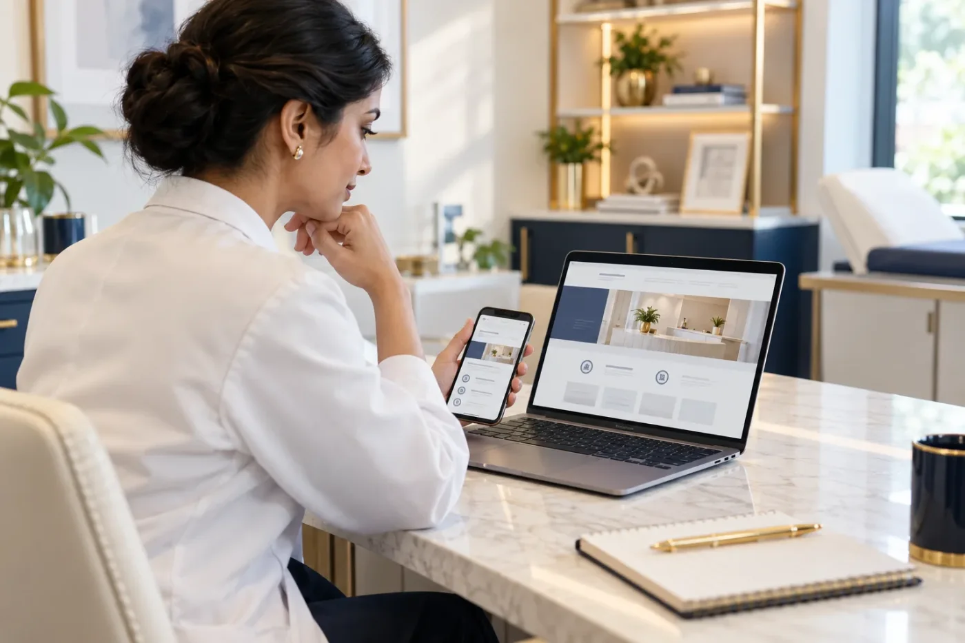 Clinic owner comparing navigation on a laptop and phone.