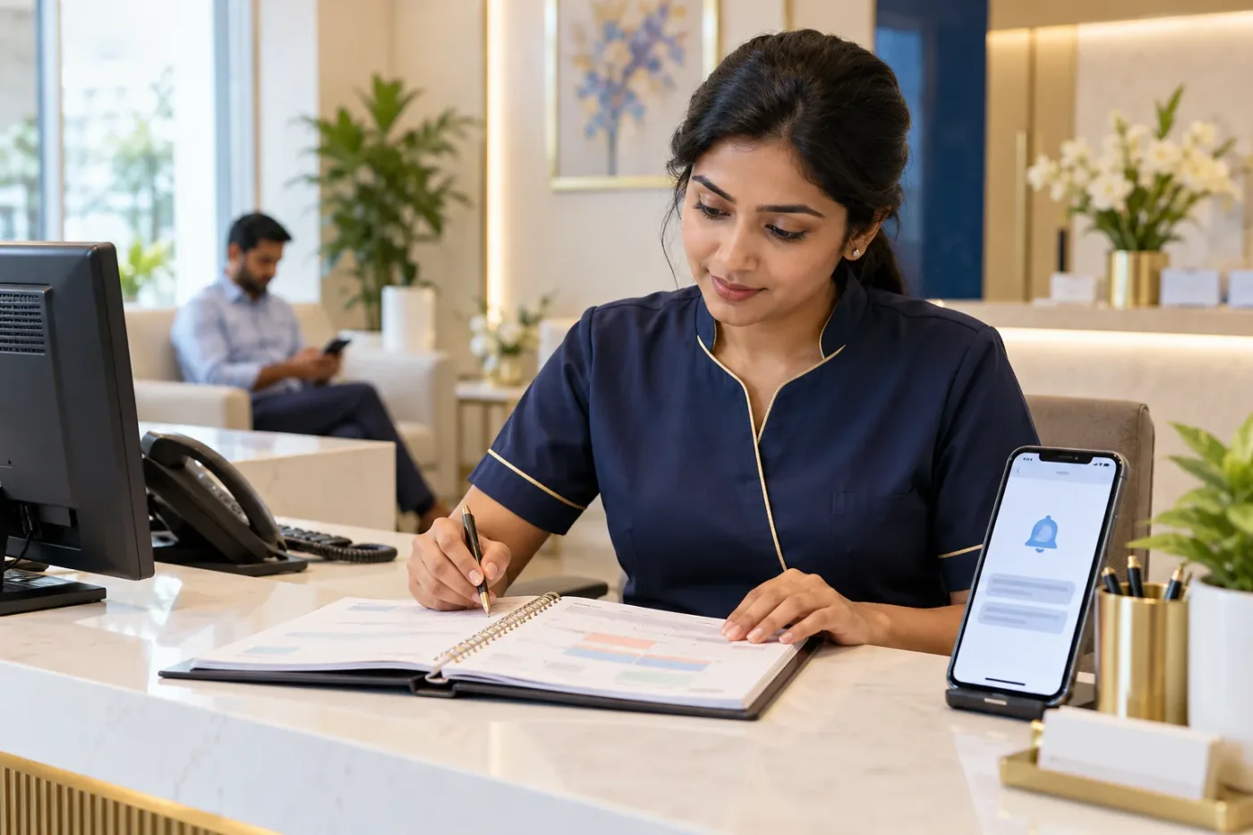 Receptionist checking a calendar beside a phone message preview.