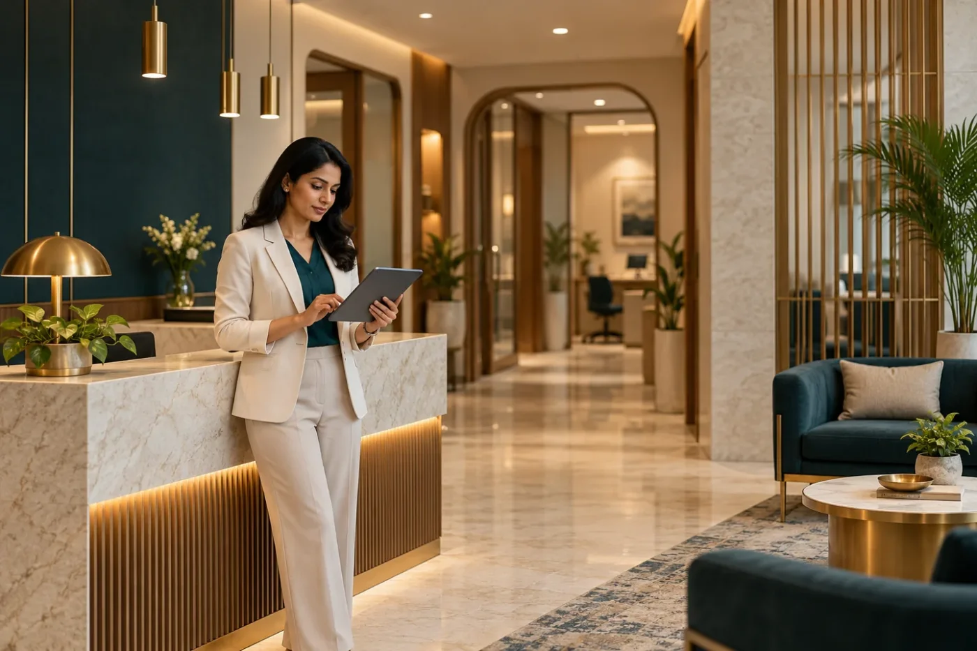 Illustrative clinic manager reviewing information in a contemporary clinic reception.