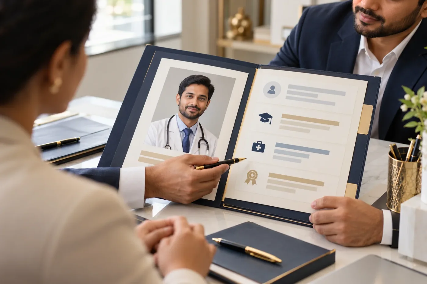 Professionals reviewing a portrait and credential cards in a folder.