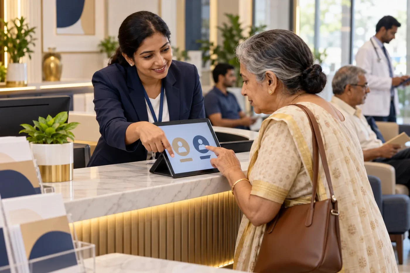 Administrator helping an older visitor choose a tablet interface option.