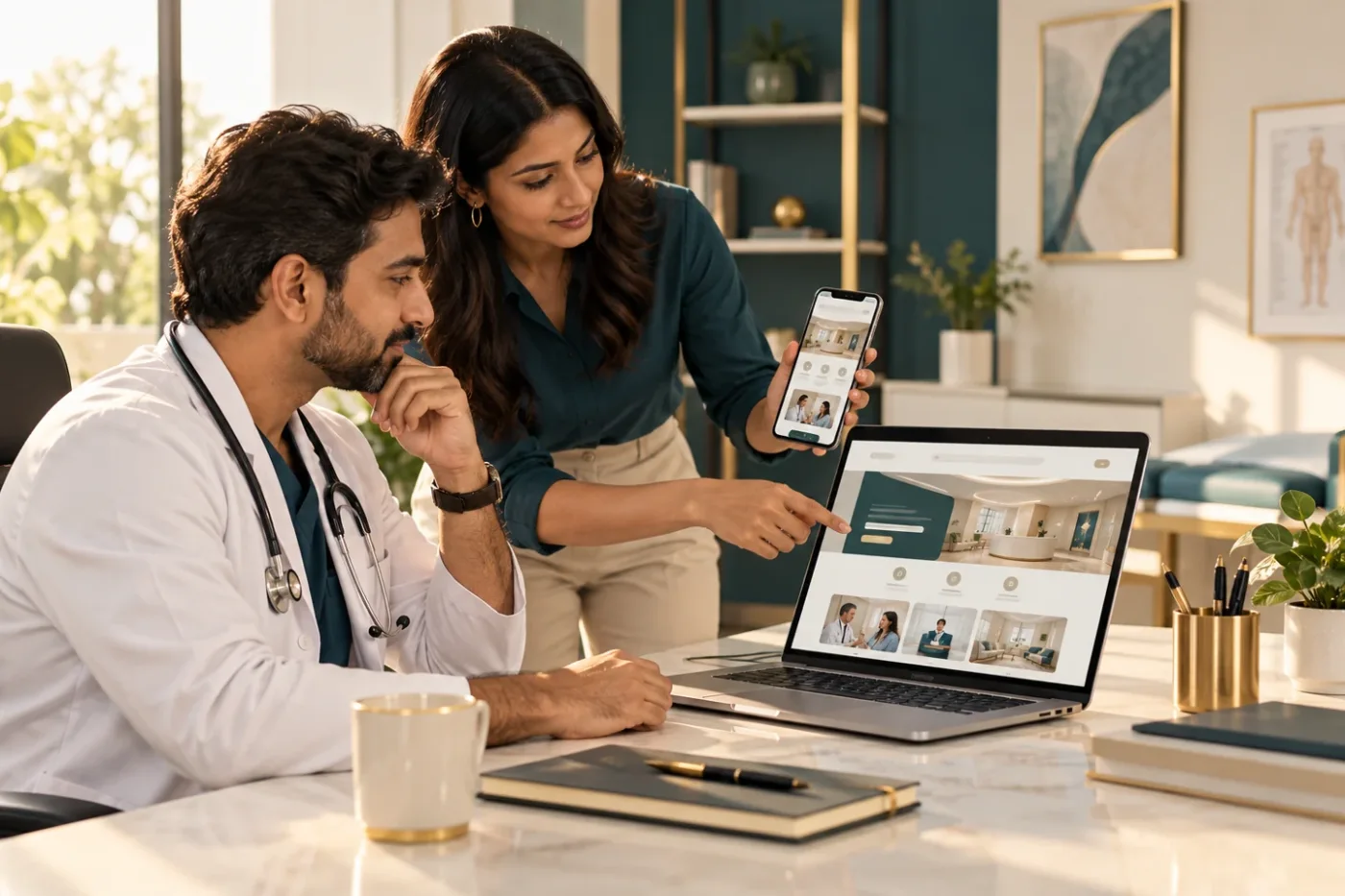 Illustrative practice owner and designer reviewing fictional clinic website layouts.
