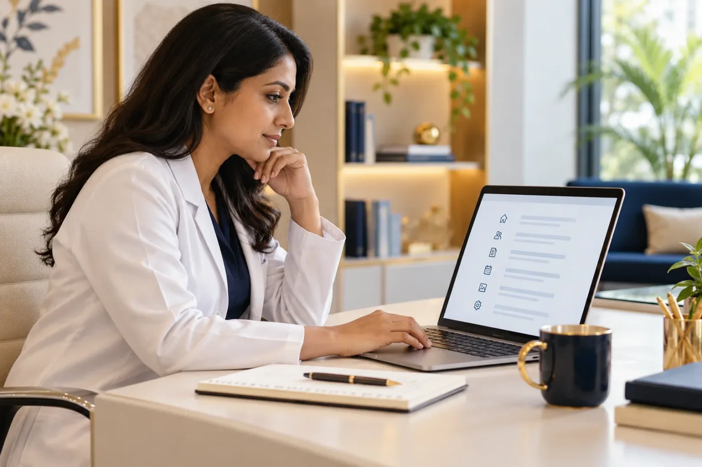 Website planner reviewing a page list on a laptop.