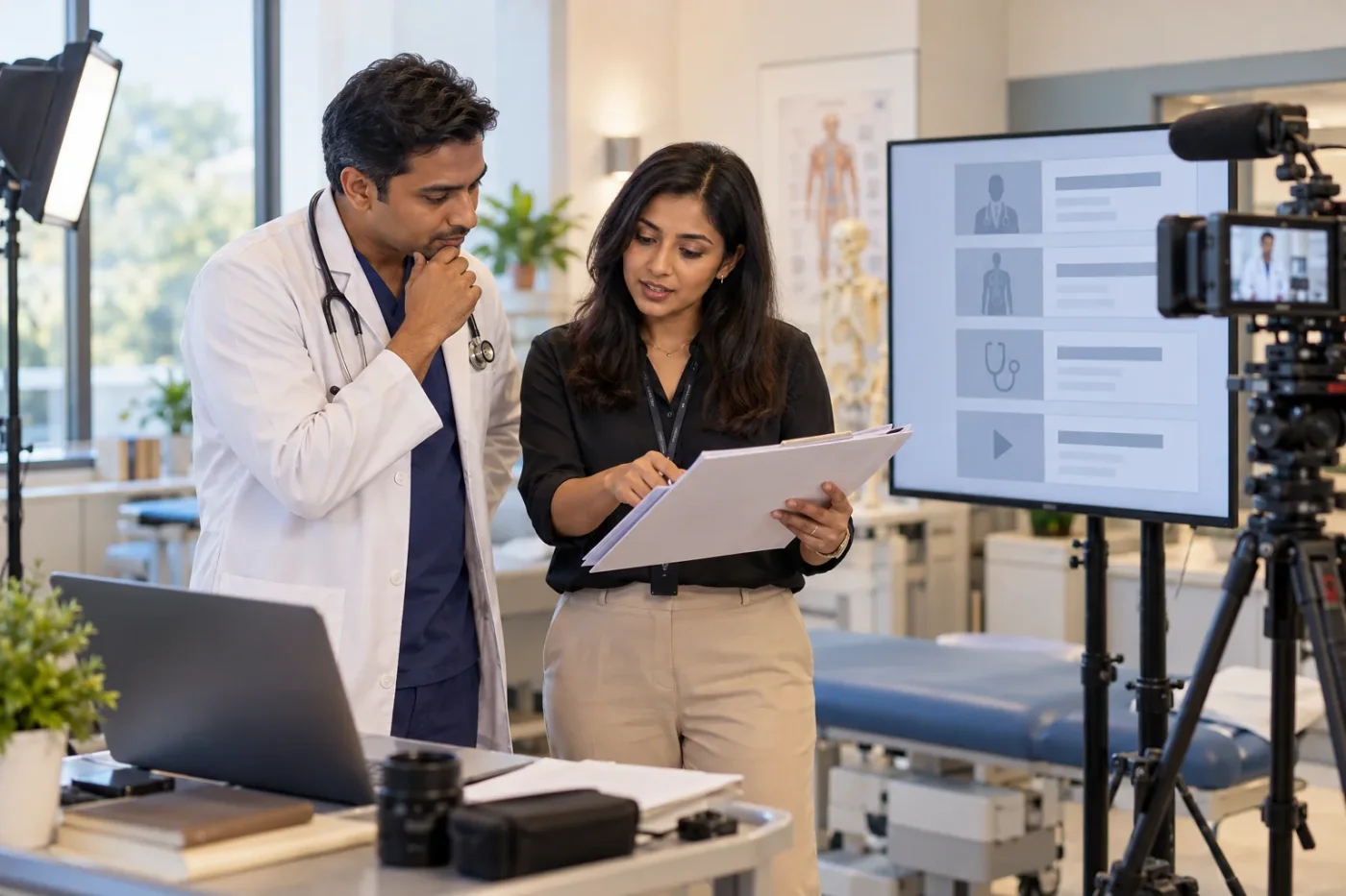Doctor and producer checking notes before a video recording.