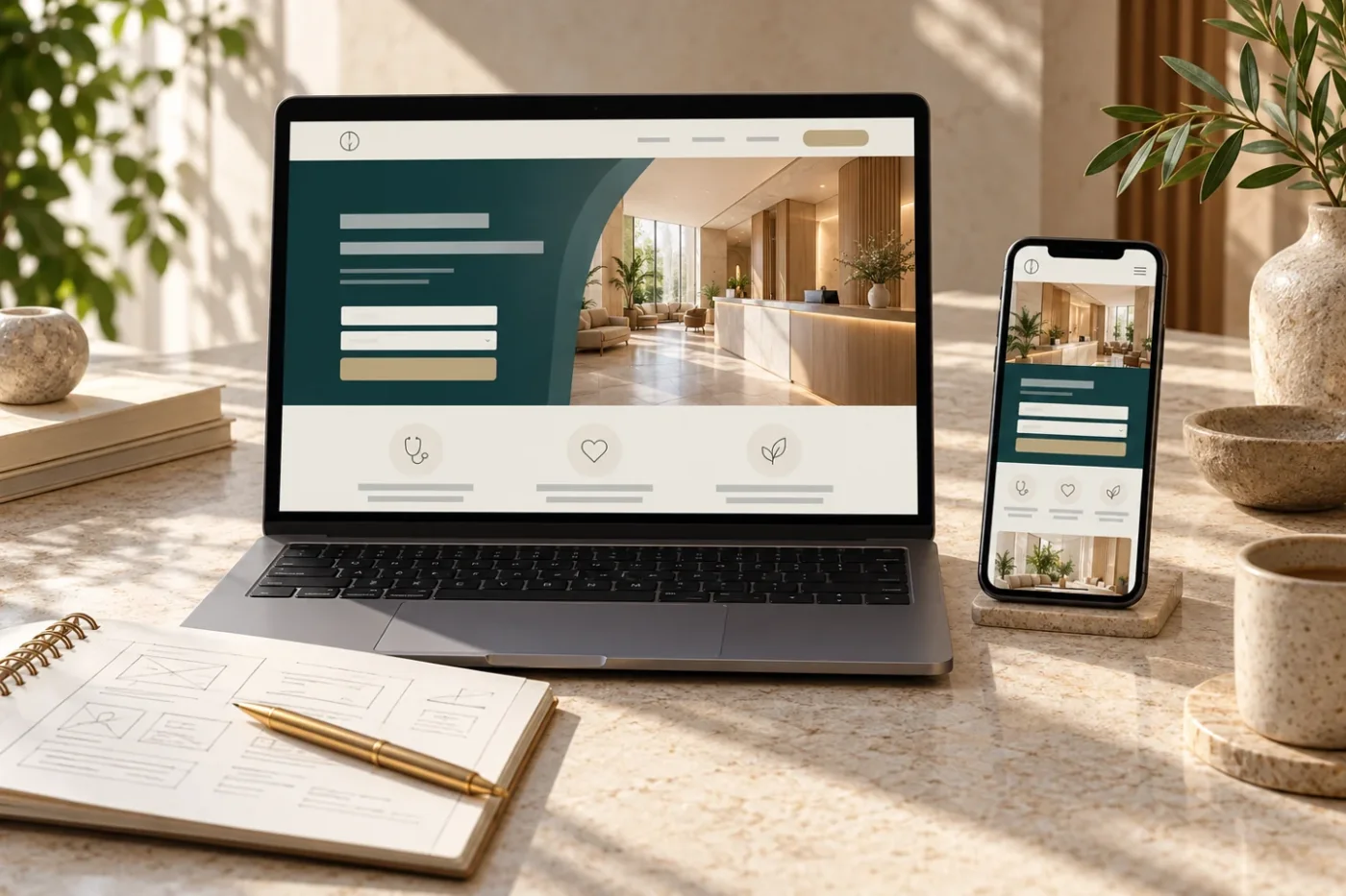 Fictional clinic landing page layouts on a laptop and phone.
