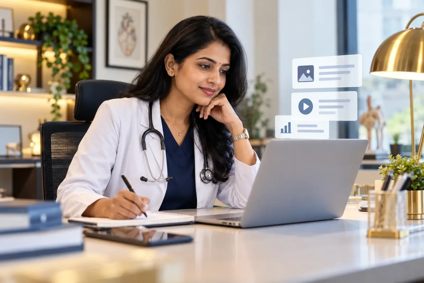 Doctor drafting professional educational content on a laptop.