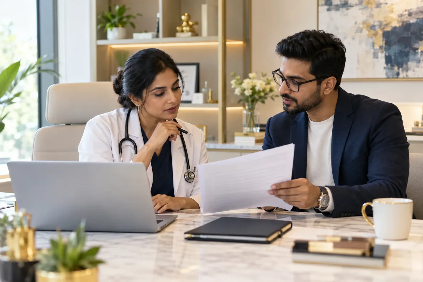 Clinic owner and writer reviewing a project narrative.