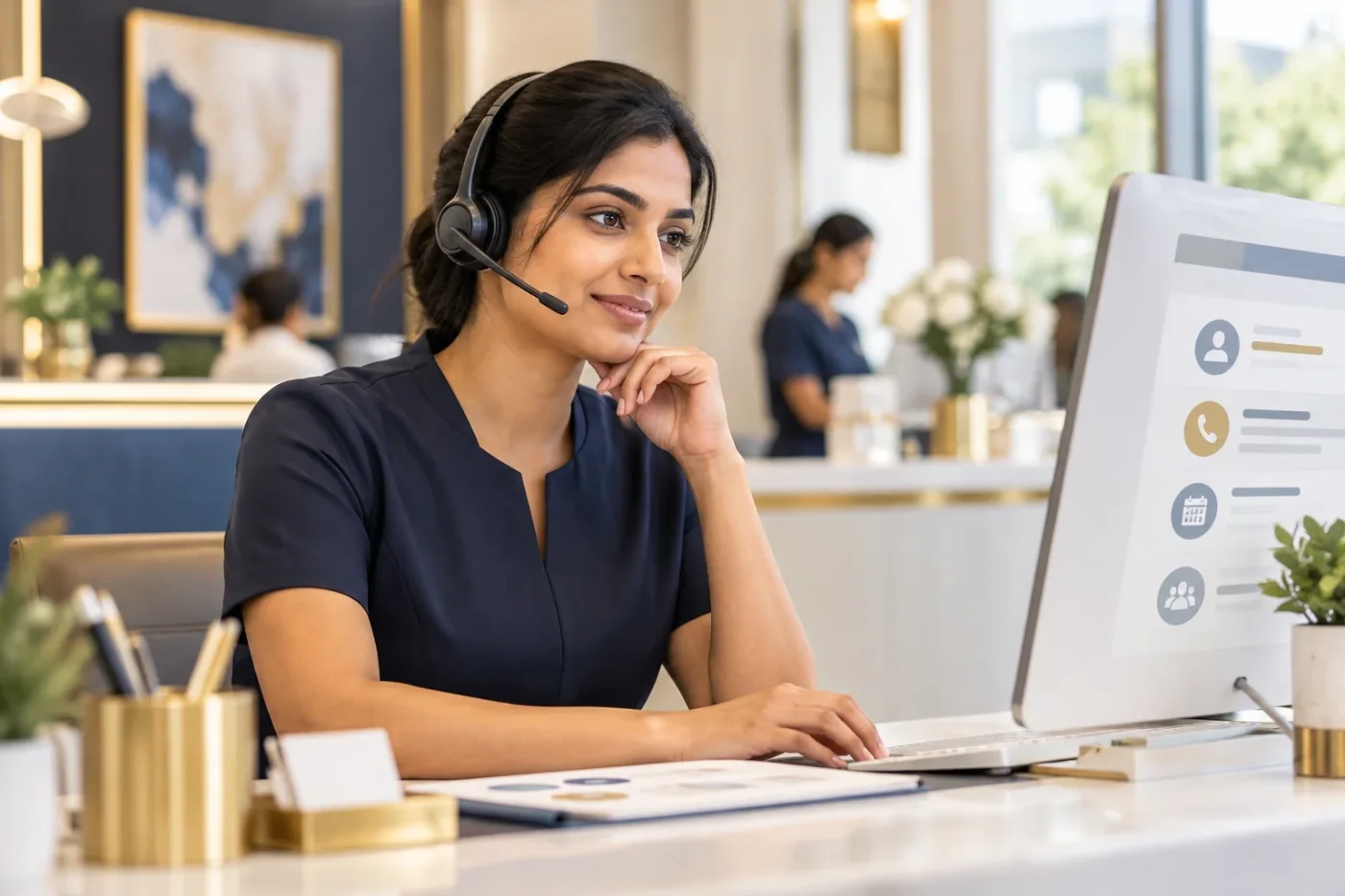 Receptionist listening through a headset beside a desktop computer.