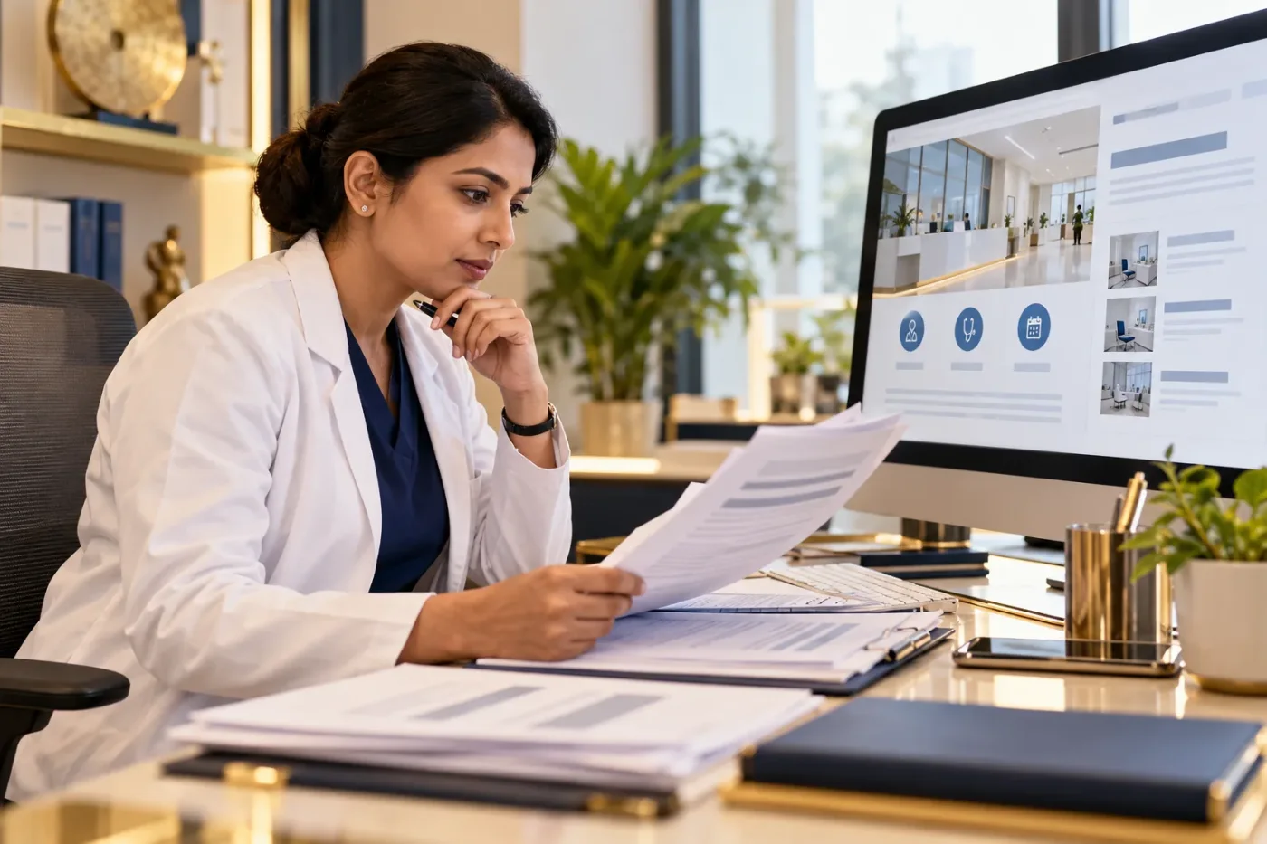 Editor checking an article against current clinic information.