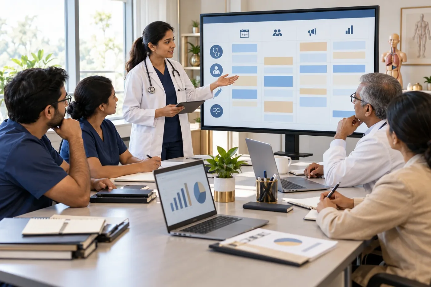 Clinic team planning a content calendar in a meeting room.