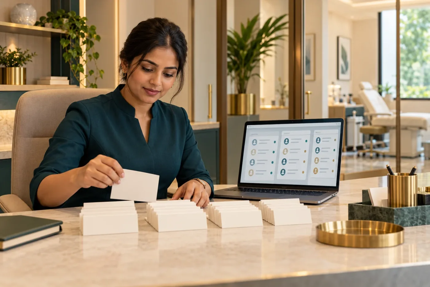 Illustrative clinic manager organising request cards beside a laptop.