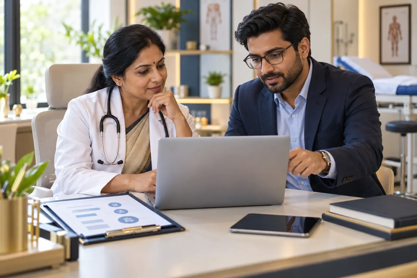 Clinic owner and technology consultant reviewing account access.