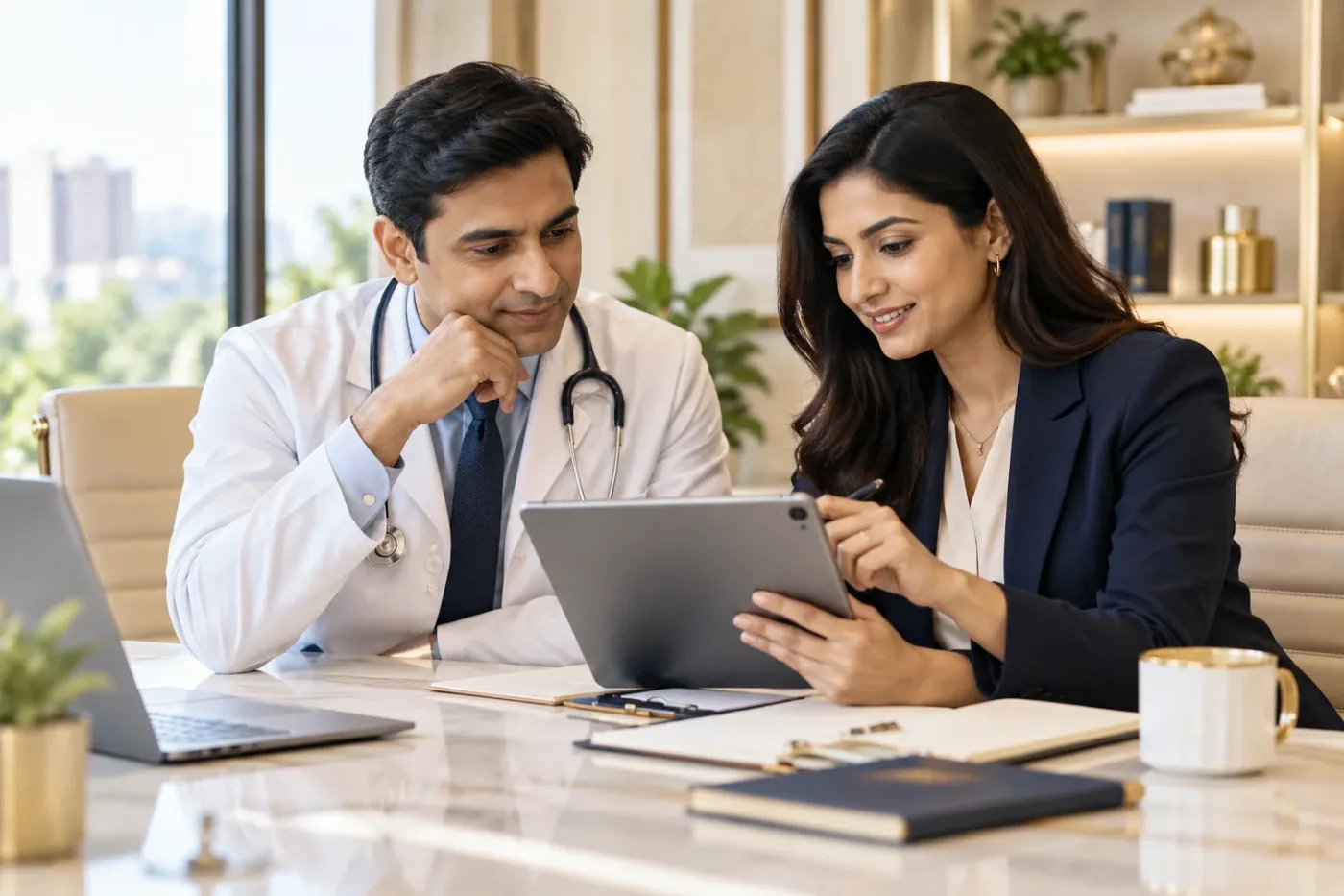 Doctor and writer reviewing a revised article on a tablet.