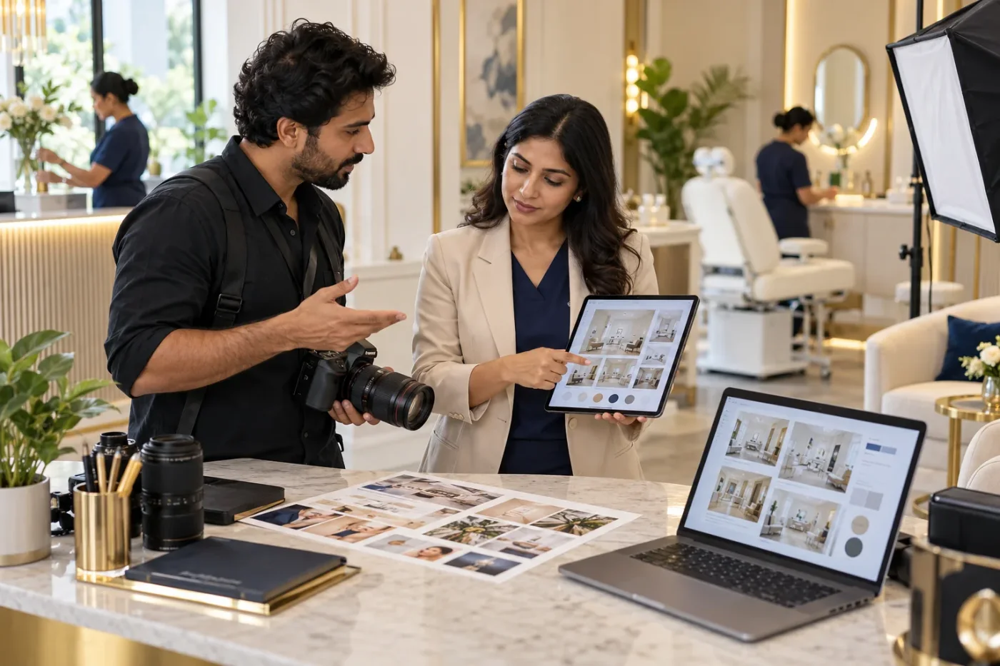 Photographer and clinic manager reviewing planned photographs.