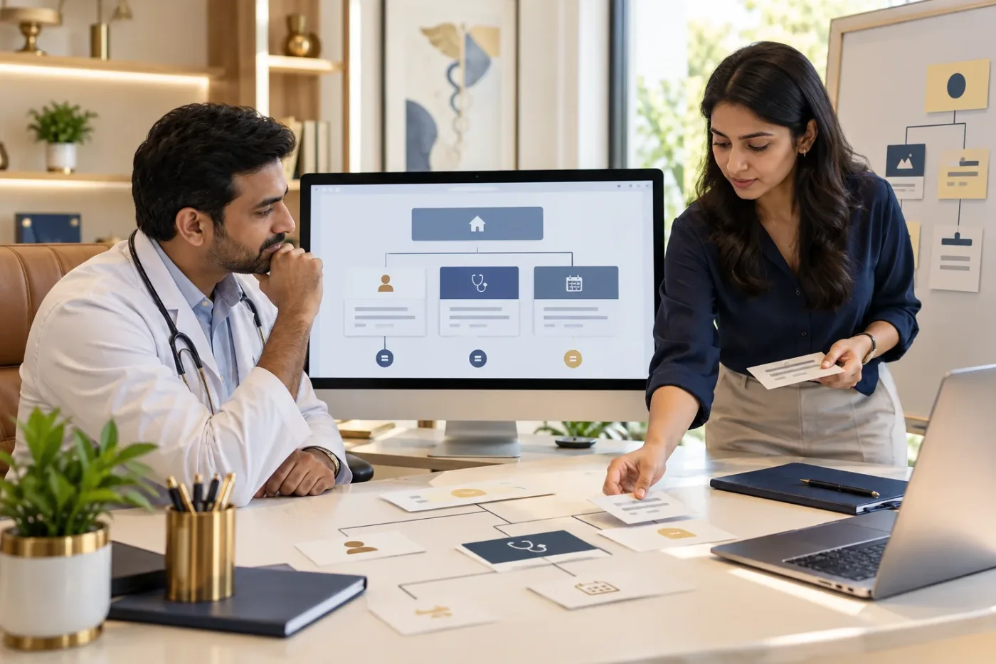 Clinic owner and planner reviewing website page organisation.