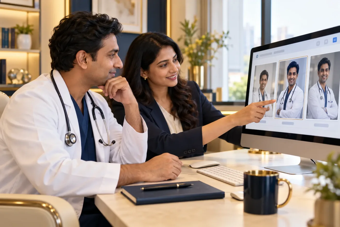Doctor and editor choosing a portrait for professional content.